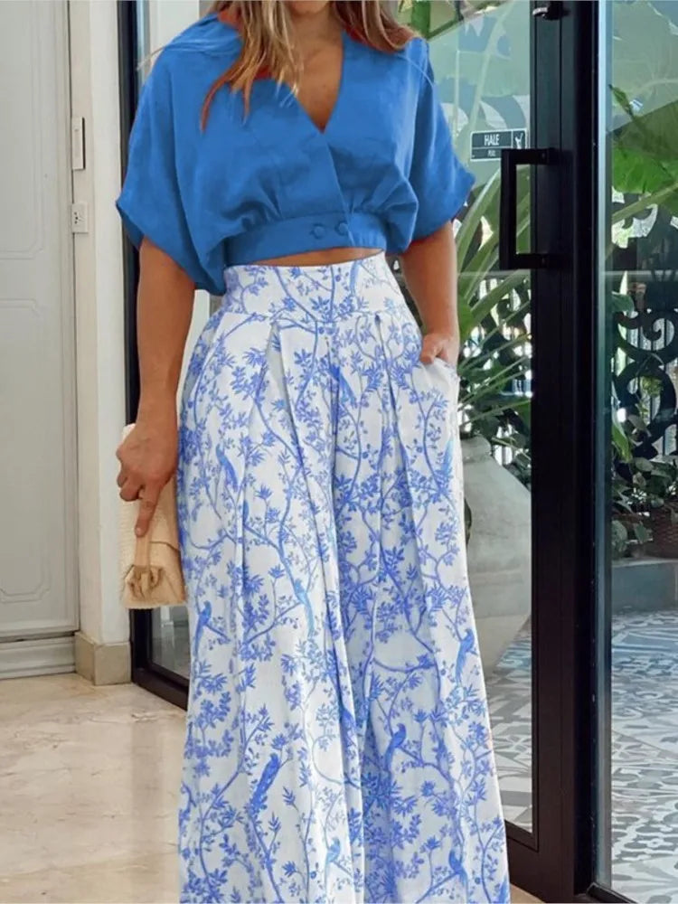 Women Fashion Set Short Sleeve V-Neck Top 2 Piece Sets Lady Casual Pockets Print High Waist Wide Leg Pants Two Piece Sets Summer.