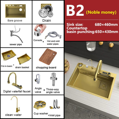 Golden Stainless Steel Kitchen Sink Waterfall Outlet Large Single Sink Digital Display Dishwashing and Vegetable Sinks