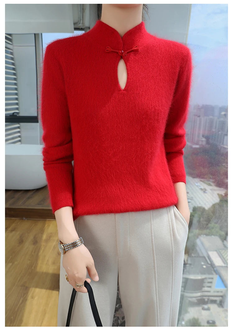 2024 autumn winter new 100% mink cashmere sweater women's pullover slim-fit long sleeve solid color stand collar bottom knitwear