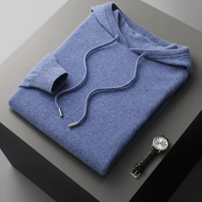 100% Cashmere Sweater Men's Ready-To-Wear Hooded Knitted Pullover Autumn Winter Long Sleeved Sweater Casual Sports Hoodie Top