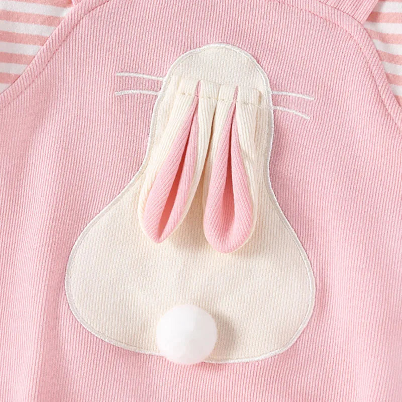 2024 Sommer Baby Mädchen Kleidung niedlichen Hasen falsch zweiteiligen Bodysuit Kleinkind Streifen Patchwork einteilige Kleidung.