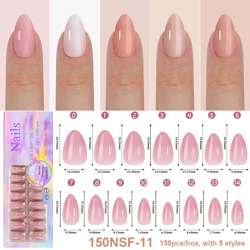 150Pcs/Box Acrylic Press on Nails Full Cover Fake False Tips Soft Gel Extension T-shaped Oval Capsule Almond Sculpted Salon DIY