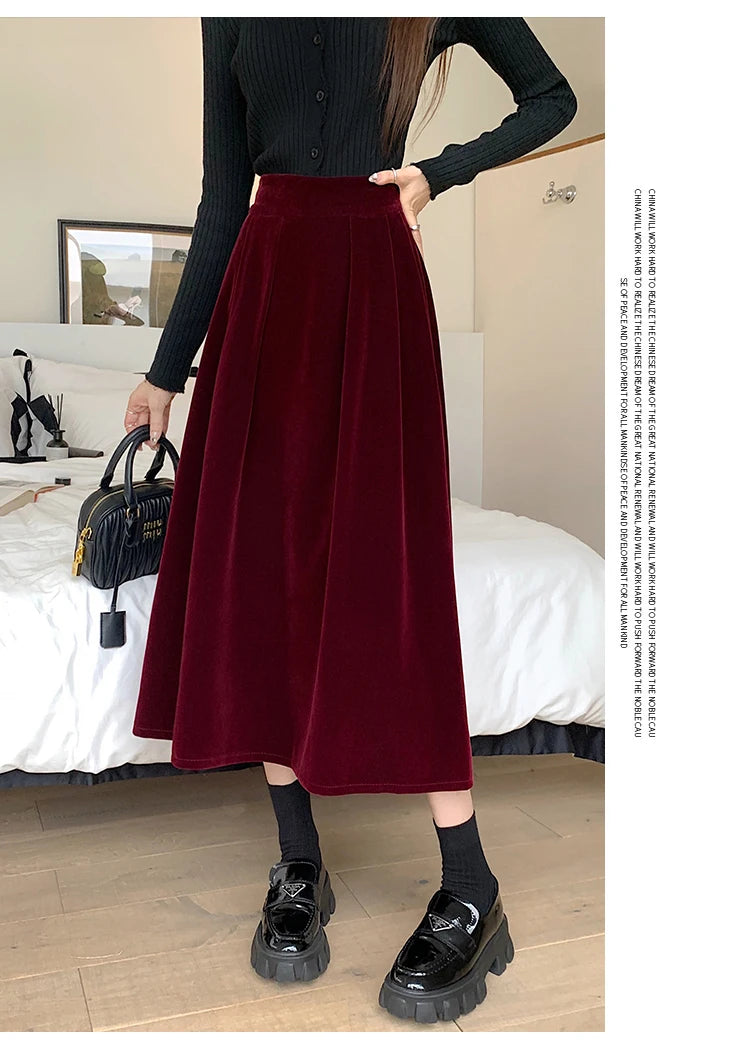 Autumn Winter Warm Vintage Red Elegant Velvet A-line Skirt For Women 2023 High Waist Casual Black Party Pleated Big Swing Skirts.