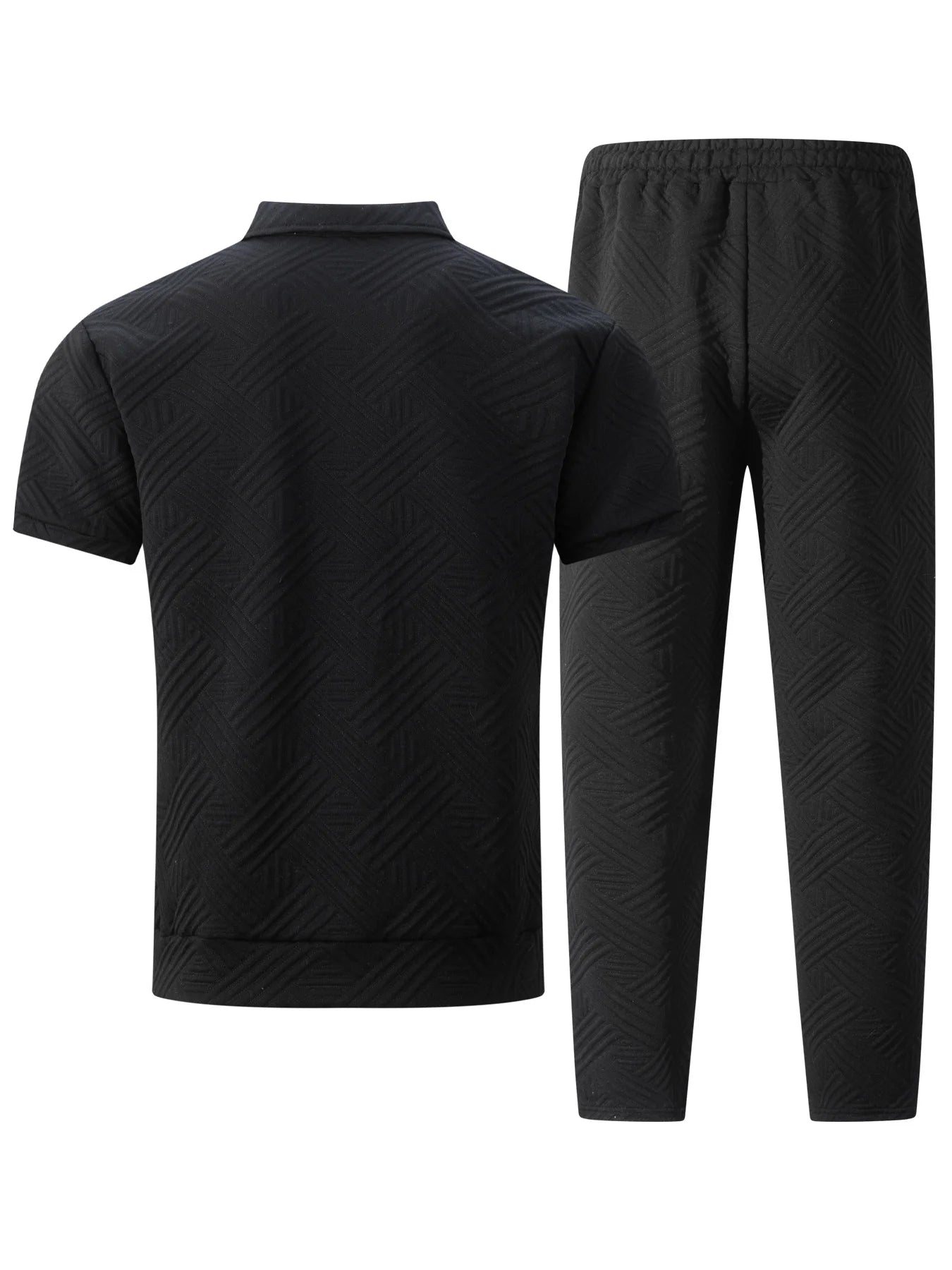 2025 Men's Casual and Fashionable short-sleeved jacket and shirt with solid-colored drawstring trousers two-piece set.