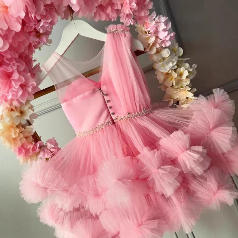2025Pink Mädchen Sommer Hostess Prinzessin Formale Kleid Kinder Klavier Leistung Outfit Bankett Kleid Blumen Mädchen Hochzeit.