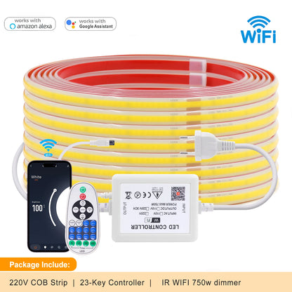COB LED Strip Dimmable 220V 288LEDs/m Wall Touch Wifi Bluetooth Remote Control Power Kit Waterproof Silicone Tube Adhesive Tape