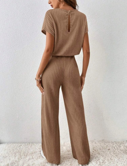 Two Piece Pant Sets Women Straight Pants Tops Pullover Short Sleeve Round Neck Spliced Top Solid Casual Streetwear Summer