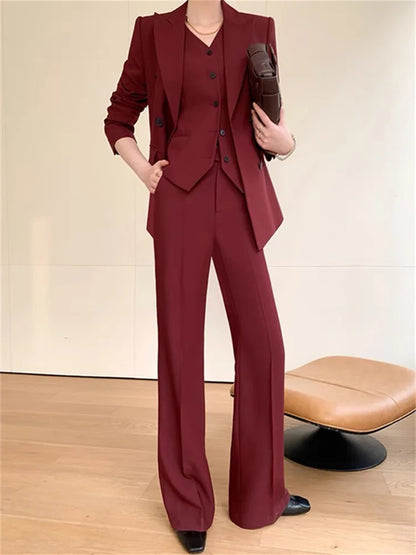 Burgundy Suit Set Women Spring 2023 Office Ladies Lapel Single Breasted Vest Wide Leg Pants Blazer Three Piece Set.
