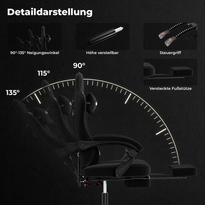 SUKIDA Gaming-Stuhl mit Fußstütze, PC-Stuhl im Racing-Stuhl-Design, ergonomischer Bürostuhl, verstellbar mit Lordosenstütze