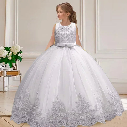 Gesticktes Mesh-Hochzeitskleid, Blumenmädchen-Performance-Mädchenkleid, 4–12 Jahre altes Mädchen-Prinzessinnenkleid mit großer Schleife.