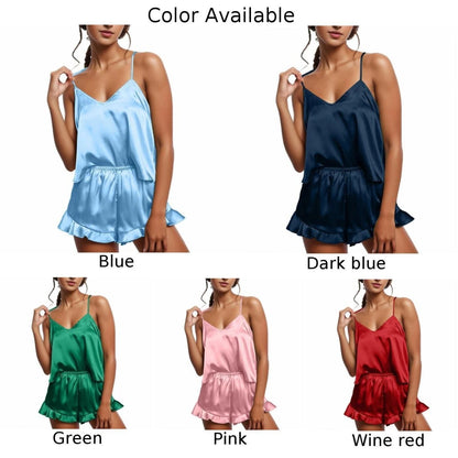 Frauen Neue Hause Tragen Sexy Hosenträger V-ausschnitt Tops Rüschen Shorts Pyjama Sets Sommer Sexy Spitze Satin Zwei Stück Pyjama Anzug.