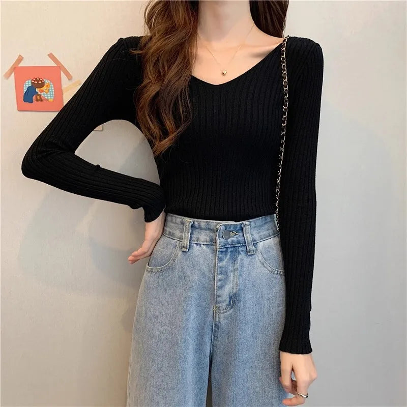 2025 einfarbig Schlank Pullover Koreanische Herbst Winter V-ausschnitt Pullover Mode Lässig Langarm Gestrickte Pullover Frauen Kleidung