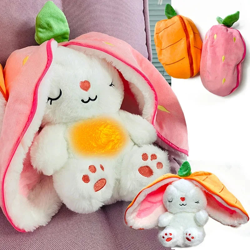 30cm Sleeping Light Doll Kid Birthday Gift Baby Music Strawberry Carrot Rabbit Plush Toys Stuffed Creative Into Bunny Transform.