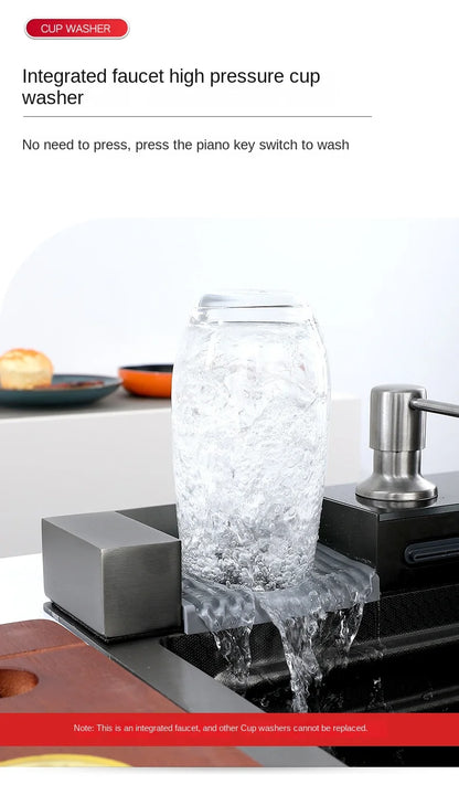 Wasserfall-Küchenspüle aus Edelstahl 304, großes Einzelschlitz-Wasserhahn-Set mit integrierter Digitalanzeige, Seifenspender, Tassenwascher