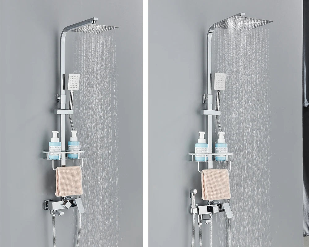 Rainfall Bathroom Shower Faucet Kit With Bidet Wall Mounted Stainless Steel Hot Cold Water Mixer Tap System With Rack,Tub Spout