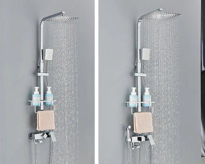 Rainfall Bathroom Shower Faucet Kit With Bidet Wall Mounted Stainless Steel Hot Cold Water Mixer Tap System With Rack,Tub Spout