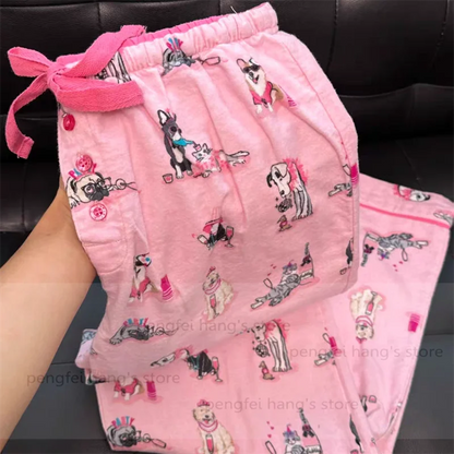 Black Cartoon Sleepwear Long Sleeve Top Pant Soft Cotton Pajamas Suit 2Pcs Embroider Letter Homewear Lady Autumn Loungewear.