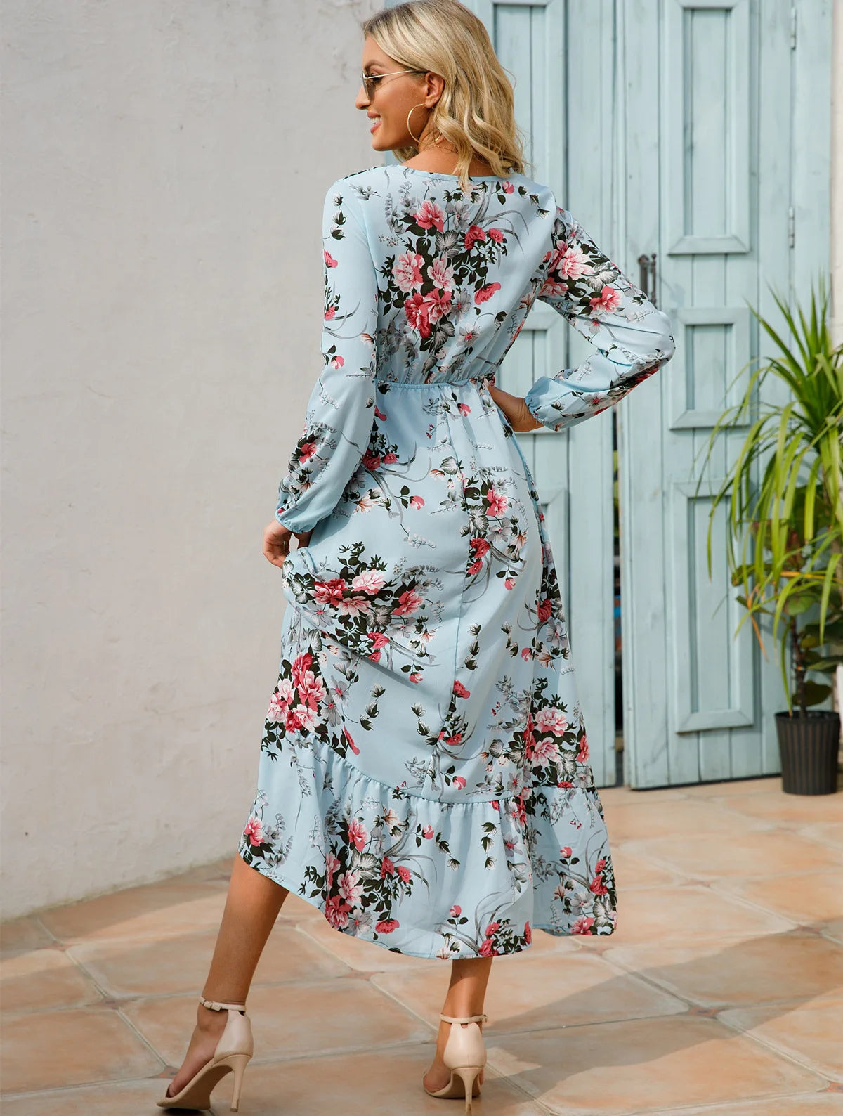Women Floral Printed Maxi Dresses Spring Summer Casual O Neck Full Sleeve High Waist A Line Boho Beach Party Long Dress Vestidos.