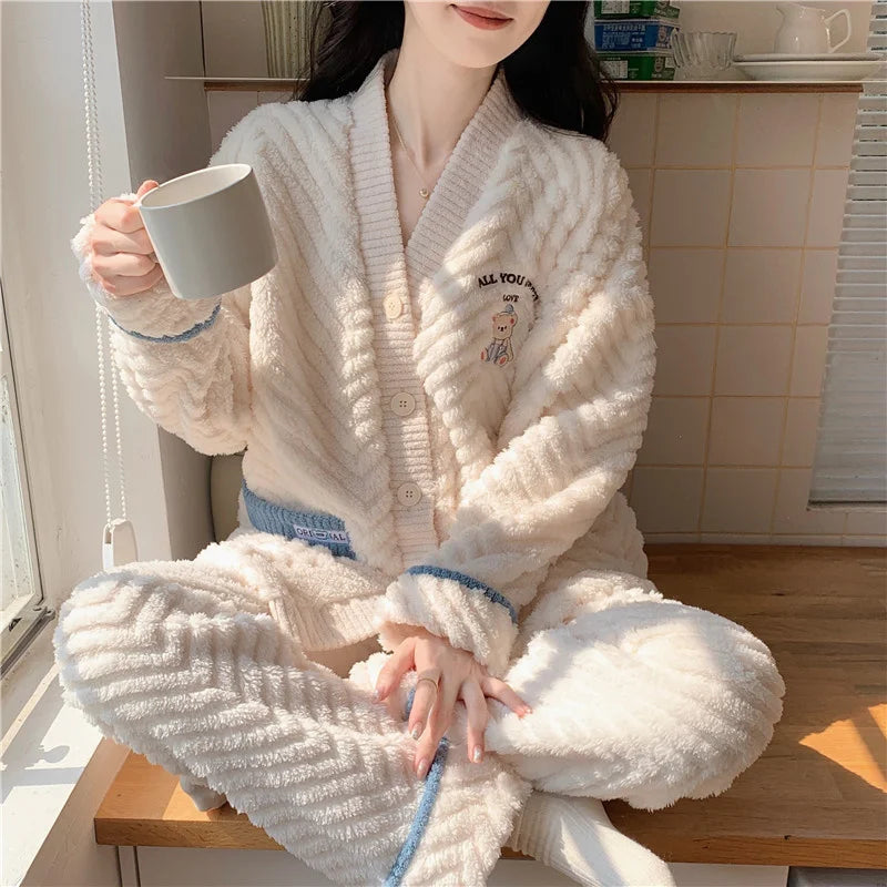 Winter Women Warm Fashion Pajama Sets Sweet   Elegant French Style Girlish Leisure Thicken Flannel Comfort Pajamas