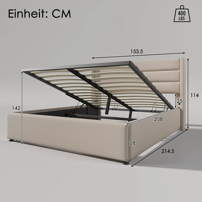 KOMHTOM Stauraumbett Polsterbett Hydraulisch 140x200cm Beige Leinen
