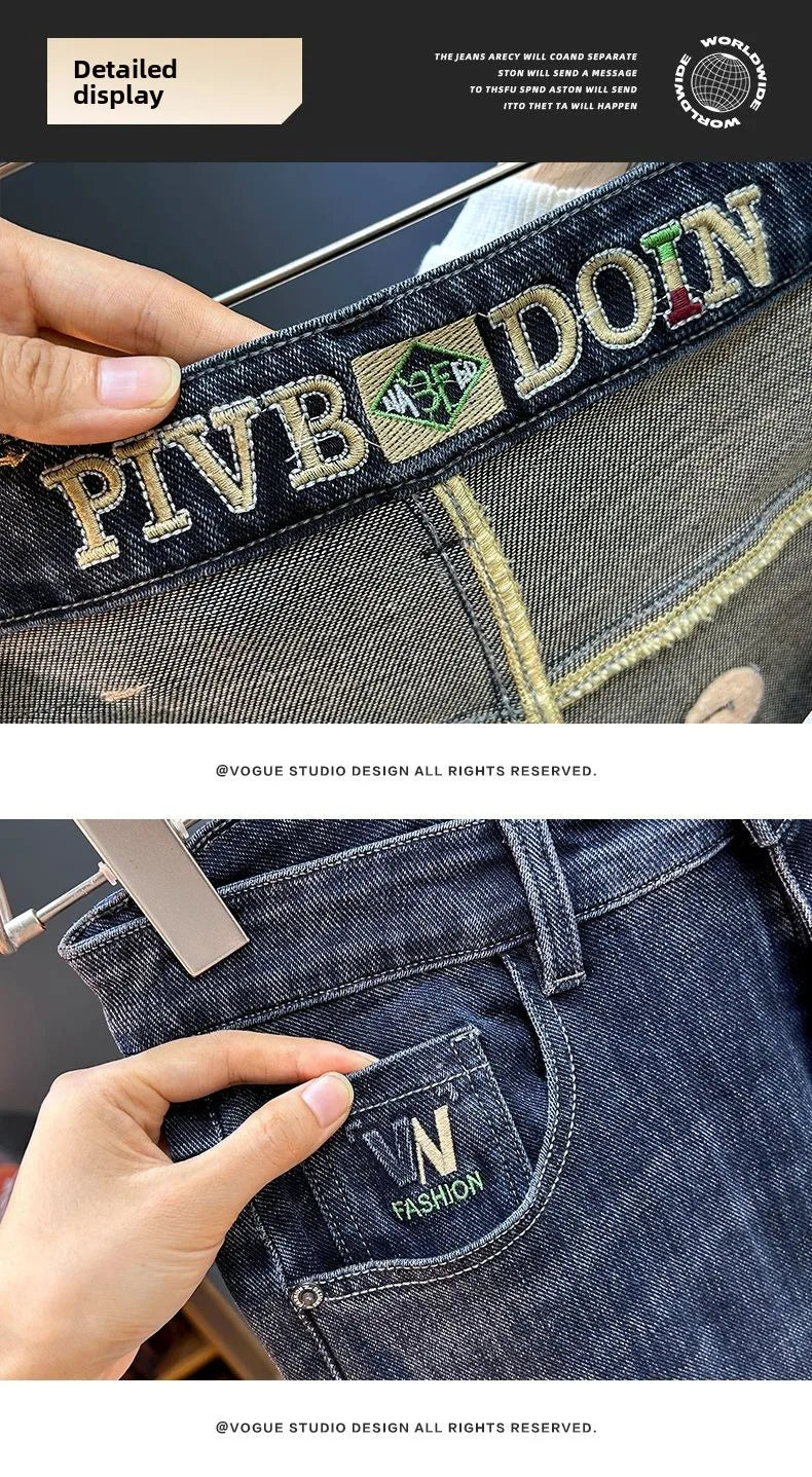 Men's Slim Straight Jeans Fashion Korean Autumn Trousers Comfortable Elastic Black Blue Fitted Business Casual Denim Pants.