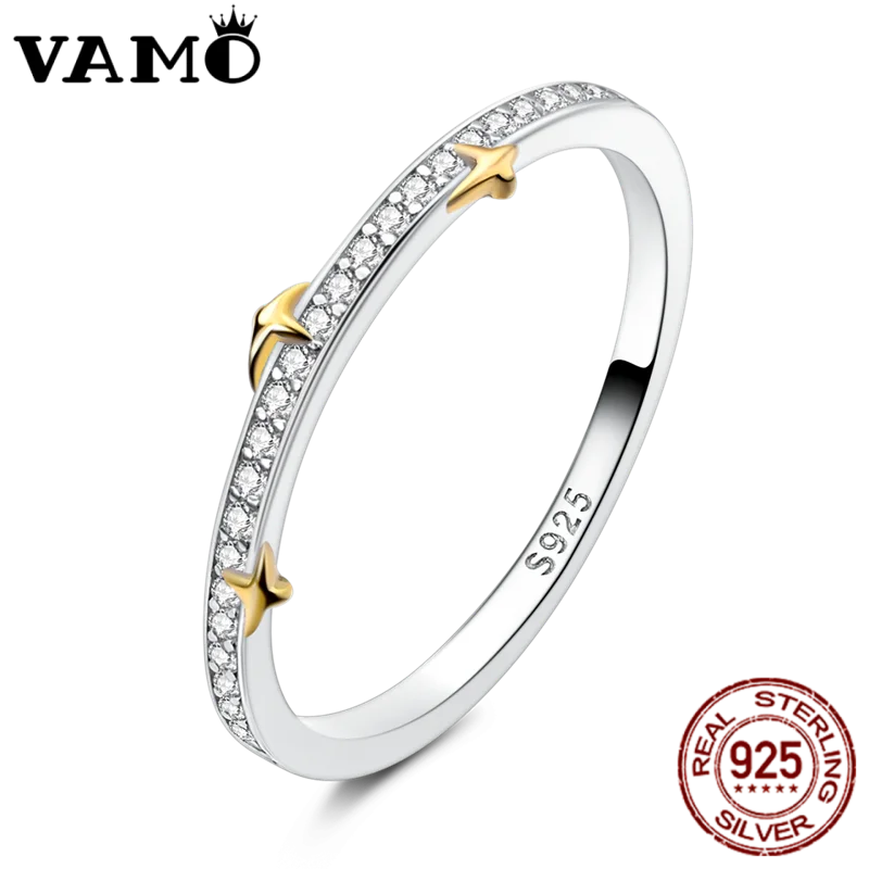 VAMO Original 925 Sterling Silver Woman Rings Gold Star Stone Rings Sparkling Wedding Rings Girls Jewelry Anniversary.