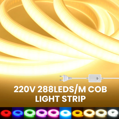 Dimmable COB LED Neon Light Strip 220V Dimmer Power Kit Waterproof 10 Colors 5m 10m 20m 30m 0.5m 288LEDs/m Flex Tube Lamp Decor.