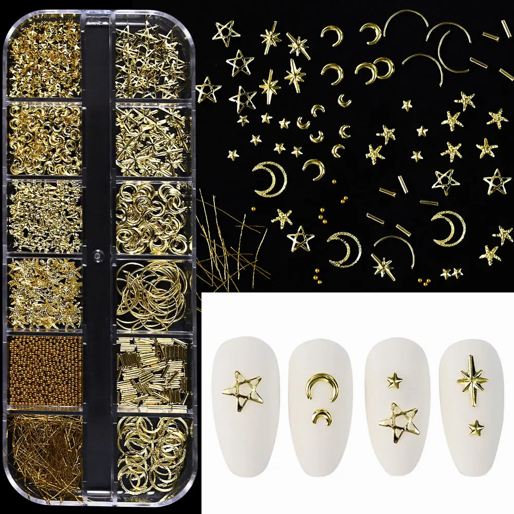 12Grids Moon Star Nails Gold Metallic Nail Sequins Charms 3D Nail Art Tips Decoration  3D Metal Moon Star Sun Bead Rivet Nail Je.