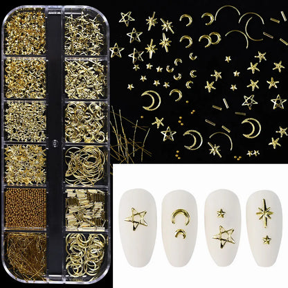 12Grids Moon Star Nails Gold Metallic Nail Sequins Charms 3D Nail Art Tips Decoration  3D Metal Moon Star Sun Bead Rivet Nail Je.