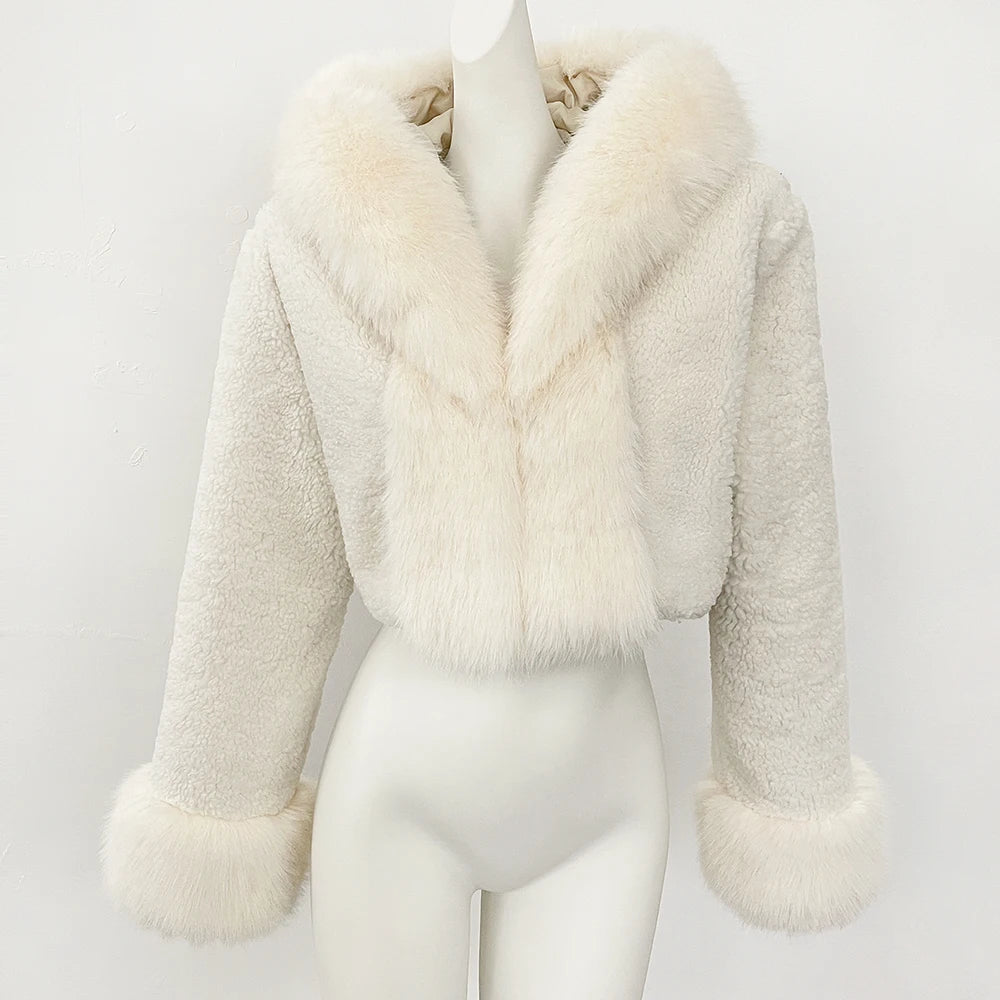 OFTBUY Lammwolle Weibliche Herbst Warme Dicke Faux Pelz Jacke Künstliche Winter Kleidung Frauen Mit Kapuze Kurze Pelzmantel Umweltfreundliche.