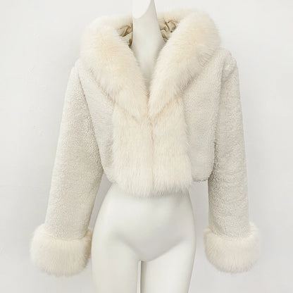 OFTBUY Lammwolle Weibliche Herbst Warme Dicke Faux Pelz Jacke Künstliche Winter Kleidung Frauen Mit Kapuze Kurze Pelzmantel Umweltfreundliche.