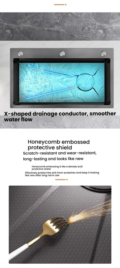 Gray Large Single Slot Stainless Steel Kitchen Sink Multifunctional Wash Dish Basin Nano Honeycomb Embossed Undermount Basin