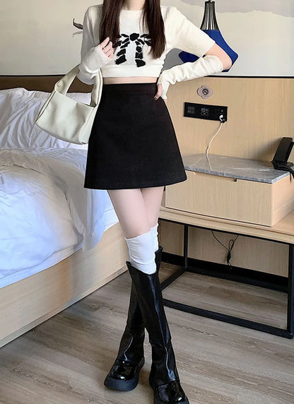 Autumn Winter Womens Woolen Skirt 2024 New Korean Style High Waist Bodycon Mini Skirts Ladies College Style Zipper A-Line Skirt.