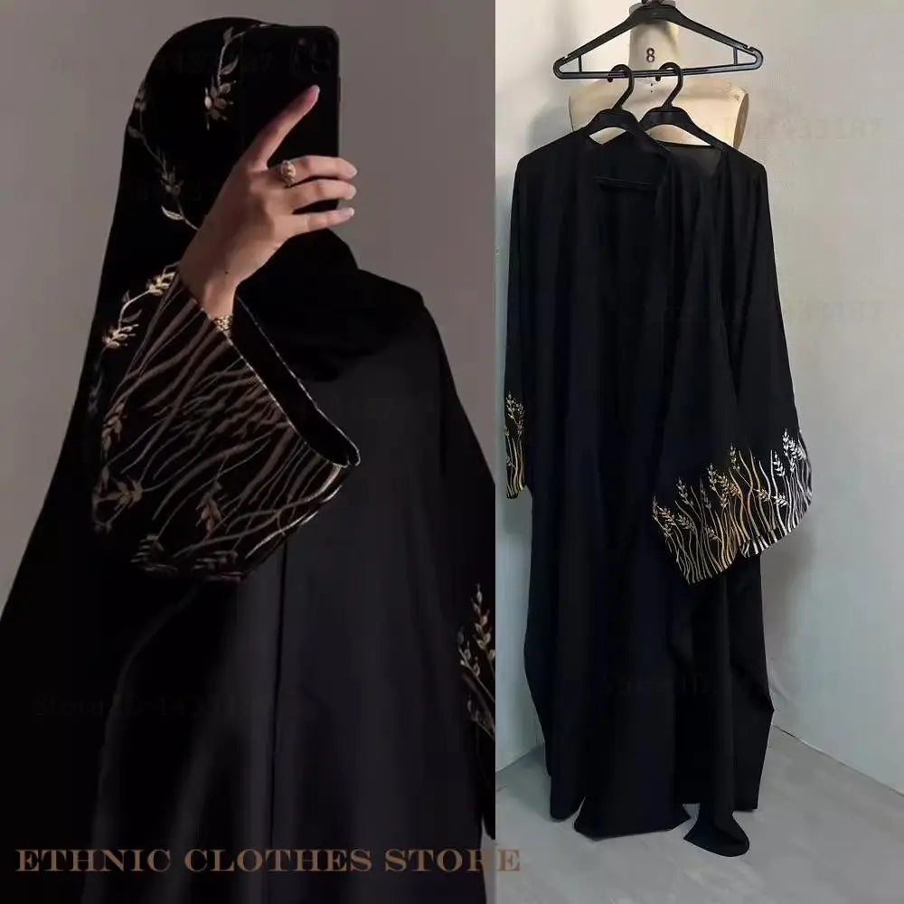 Muslim Women Dress Elegant Black Embroidery Abaya Long Robe Dubai Luxury Eid Ramdan Prayer Dress Kebaya Kaftan Moroccan Dresses.
