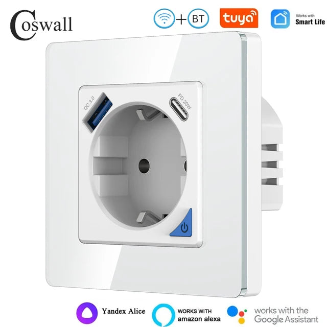 Alice Zigbee Tuya Smart EU-Wandsteckdose mit PD 20 W Typ C und einem Dual-USB-Schnellladegerät mit Power-Überwachungs-Glasplattenpanel