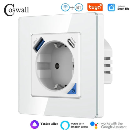 Alice Zigbee Tuya Smart EU-Wandsteckdose mit PD 20 W Typ C und einem Dual-USB-Schnellladegerät mit Power-Überwachungs-Glasplattenpanel