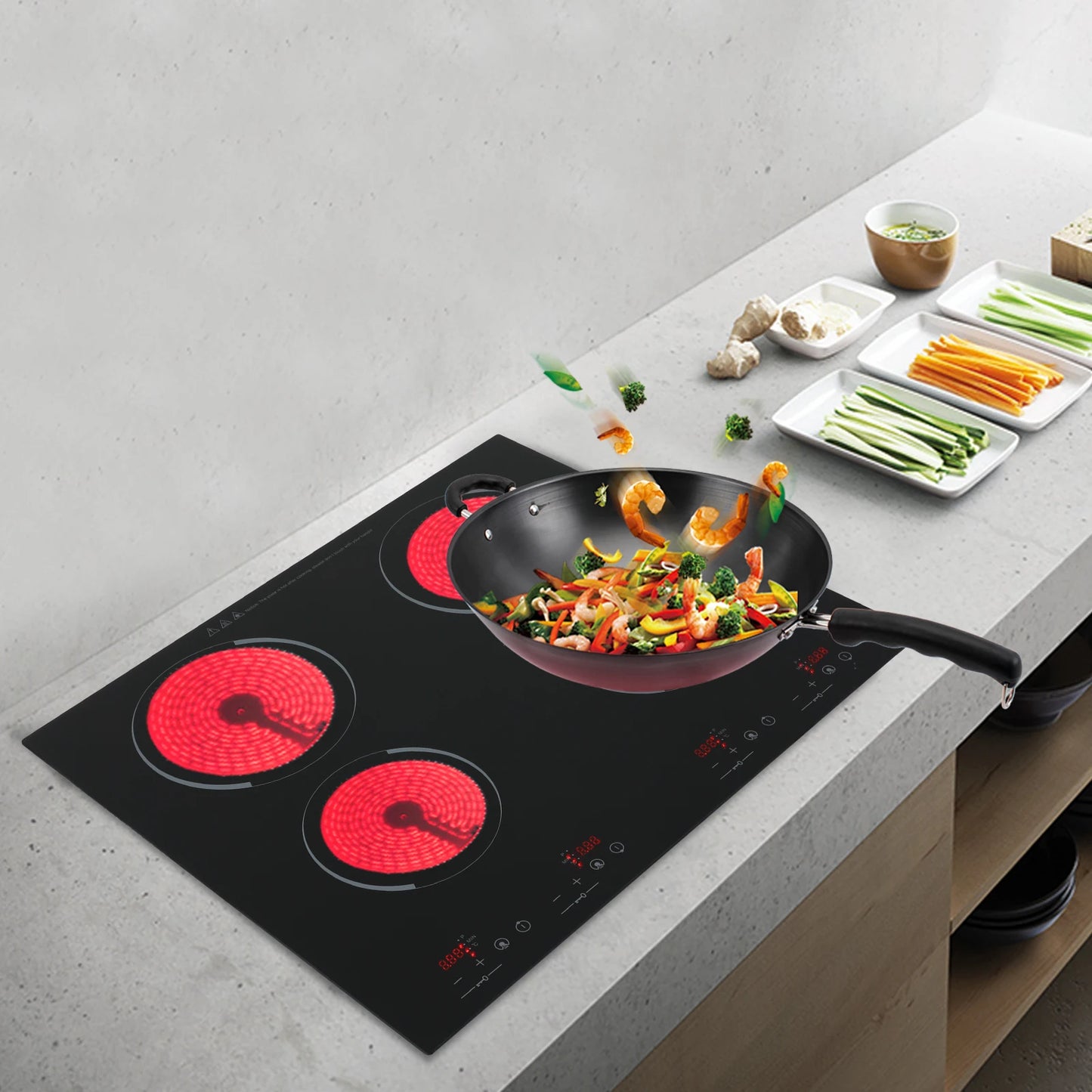 6000W Electric Ceramic Stove, 9 Power Adjustment Gear, Touch Screen Control 4-head Induction Cooker Electric Ceramic Cooktop.