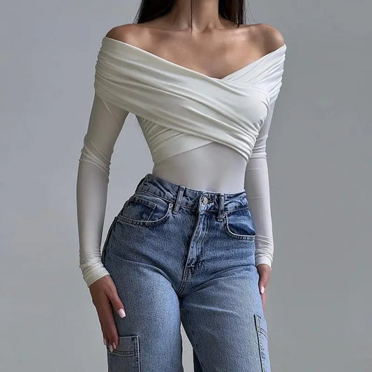Y2K Women Sexy Off Shoulder Bodysuit Solid Color Long Sleeve Skinny Romper Crossed Folds Fashion Streetwear Autumn.