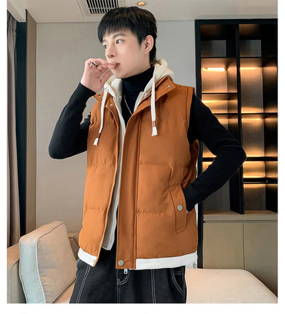 Men Windproof Hooded Vest Men Jacket Sleeveless Vest Winter Jacket Casual Coat Men Down Cotton Warm Thicken Waistcoat Thick Coat.