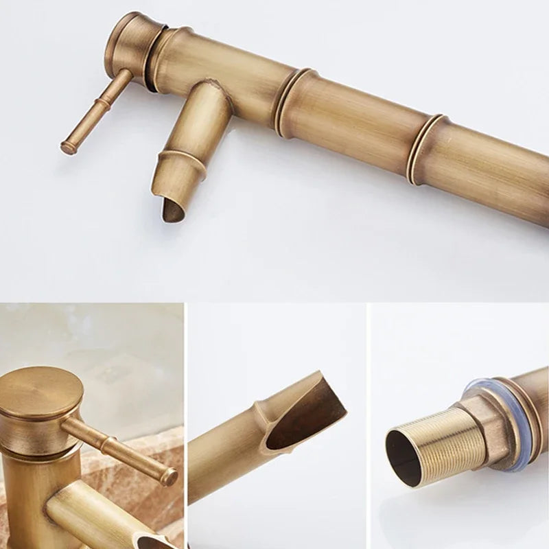 JIENI Art Keramik-Badezimmer-Waschbecken-Set, ovales Waschbecken, antikes Messing, Bambus-Wasserhahn, Pop-Up-Abfluss-Kombination, hochwertige Waschbecken aus Porzellan