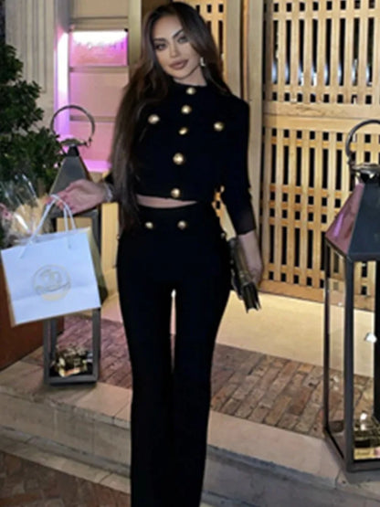 New Autumn Style Black Color Women Long Sleeve Button Rayon Bandage Coat Pants Fashion Women's Set High Street Celebrate Wear.