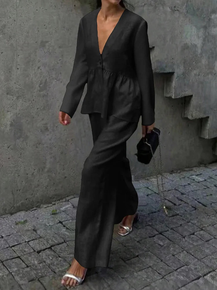 Summer Vacation Solid Color Simple Outfits Elegant V-neck Long Sleeve Tops&Wide Leg Pants Sets Fashion Loose Women's Commute Set.
