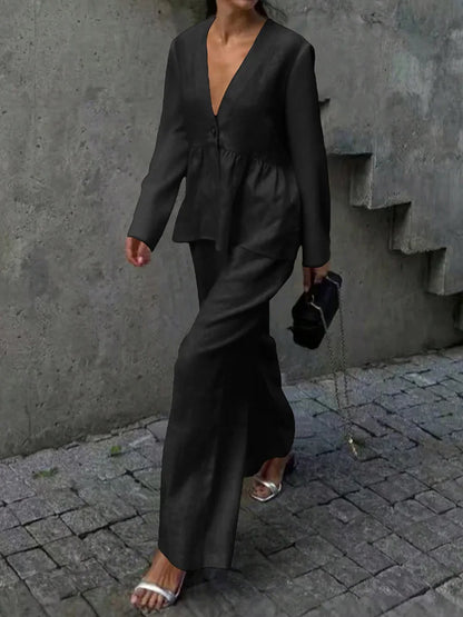 Summer Vacation Solid Color Simple Outfits Elegant V-neck Long Sleeve Tops&Wide Leg Pants Sets Fashion Loose Women's Commute Set.