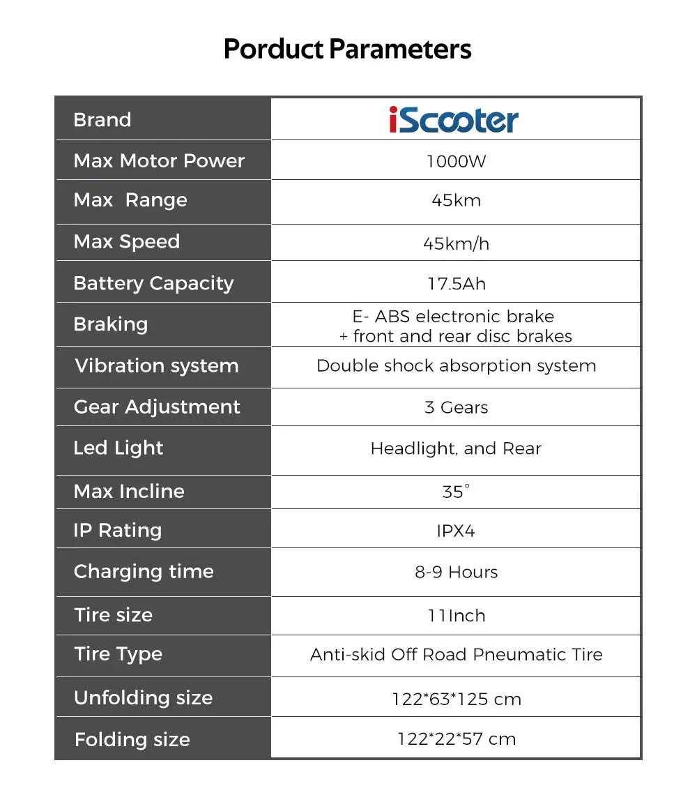 iScooter iX5Plus Foldable Adult Electric Scooter E-Scooter, 45KM/H Electric Kick Scooter, 1000W Skateboards 48V 17.5Ah Kickboard.