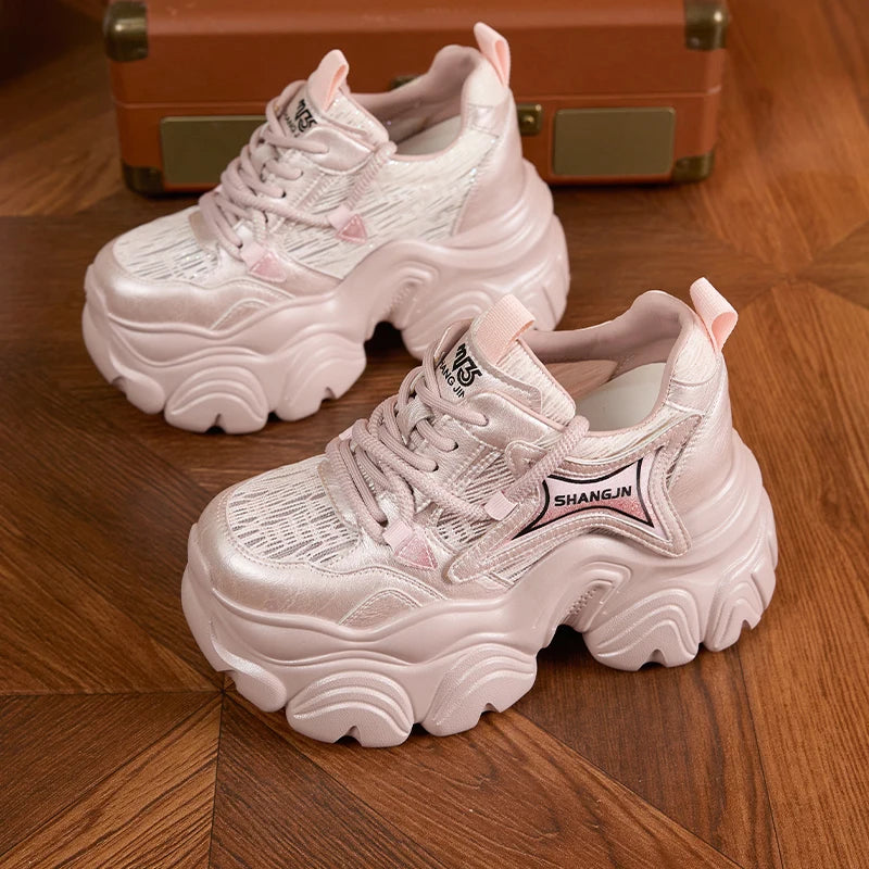 AUTUSPIN 10cm Pink Thick Soled Shoes for Summer Women Breathable Lace-up Ladies Sneakers Outdoor Casual Fashion Platform Shoes.