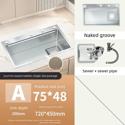 Kitchen Sink 316L Food Grade Stainless Steel Large Single Slot Wash Dish and Wash Vegetable Basin Homeuse Undercounter Bowl