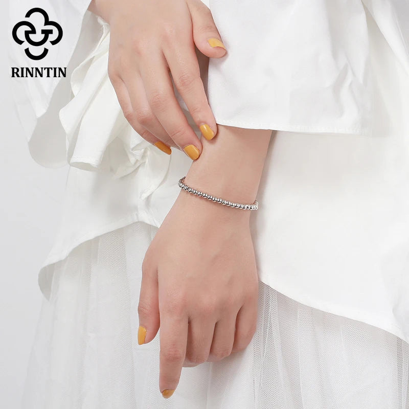 Rinntin 14K Gold 925 Sterling Silver 4mm Bead Ball Strand Chain Bracelet for Women Trendy Handmade Bracelets Jewelry SB103.