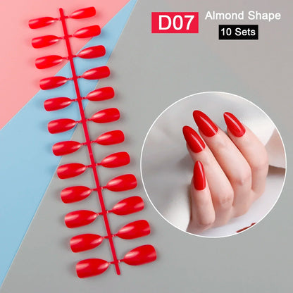 10 Sets/Pack Mixed Solid Colors Coffin Round Square Almond Shape False Nails Full Cover Nail Tips Short Fake Nails Tip Manicure.