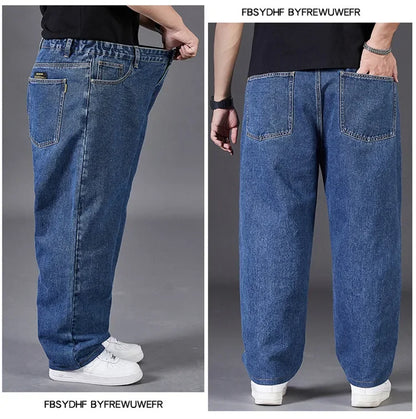 Plus Size Jeans Men's Autumn Loose-Fit Straight-Leg Casual Denim Pants Elastic Waist Wide-Leg Design For Plus Size Men.