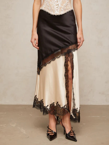 TWOTWINSTYLE Colorblock Slimming Fashion Midi Skirts for Women Patchwork Lace Temperament Skirt Female Elegant Clothing Style